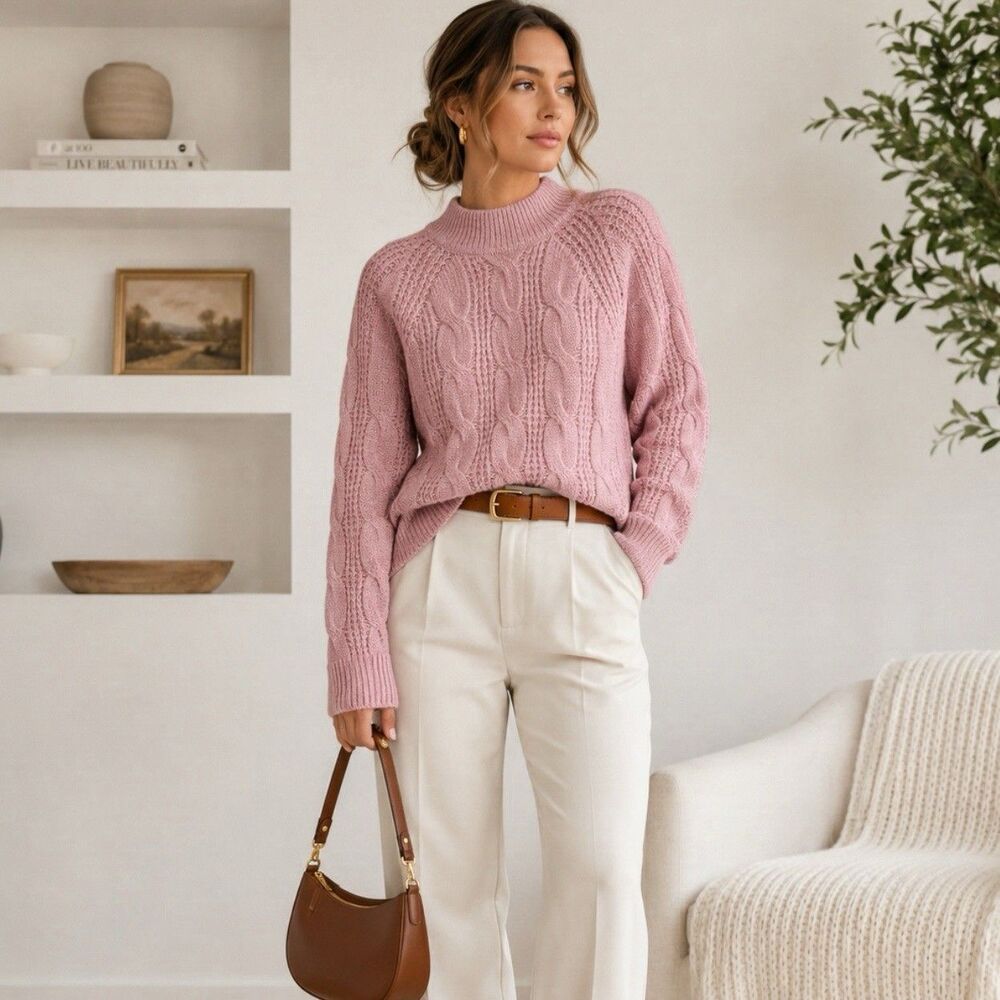 J.Crew Women’s Cable Knit Mockneck Sweater Alpaca Blend Dusty Pink Size L